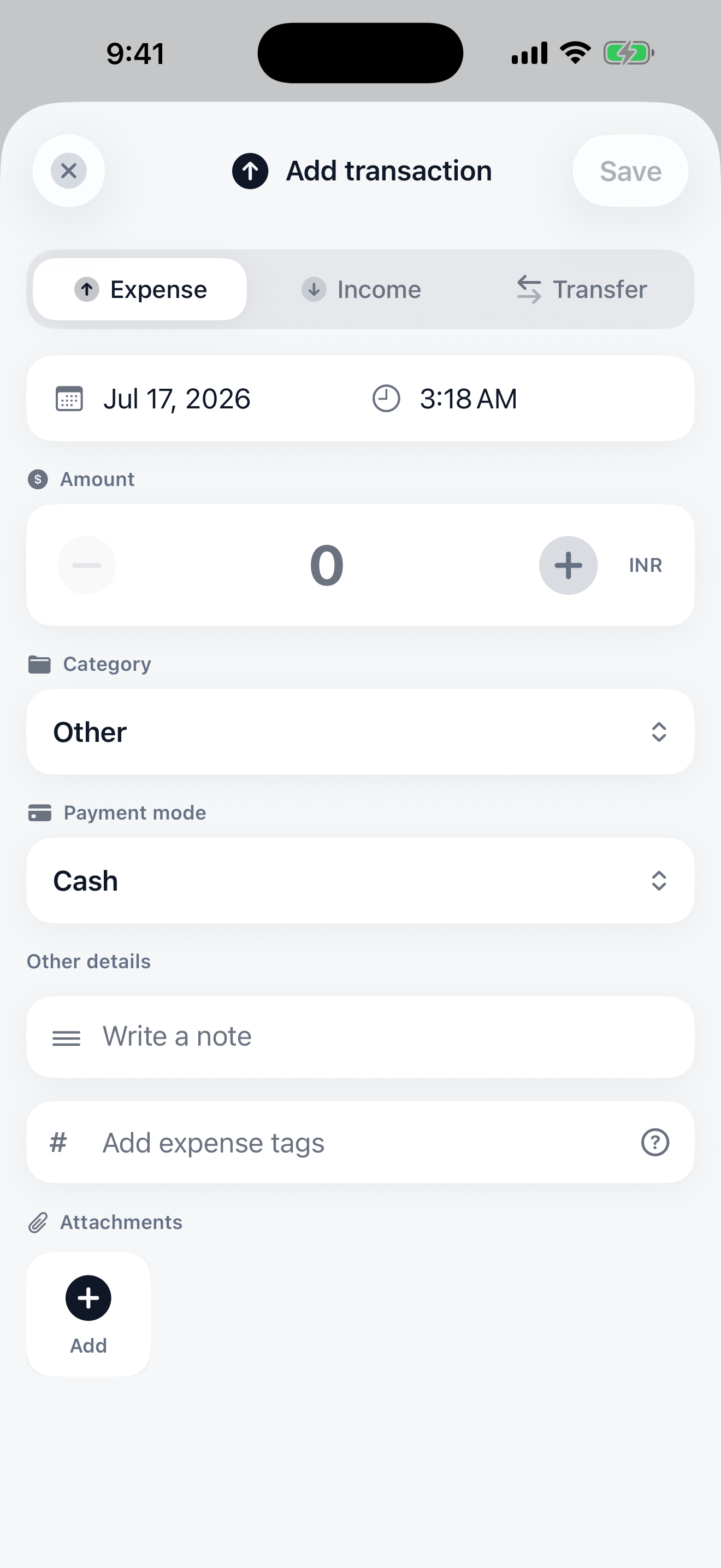 Log an expense in seconds — amount, category, payment mode, notes, and tags.