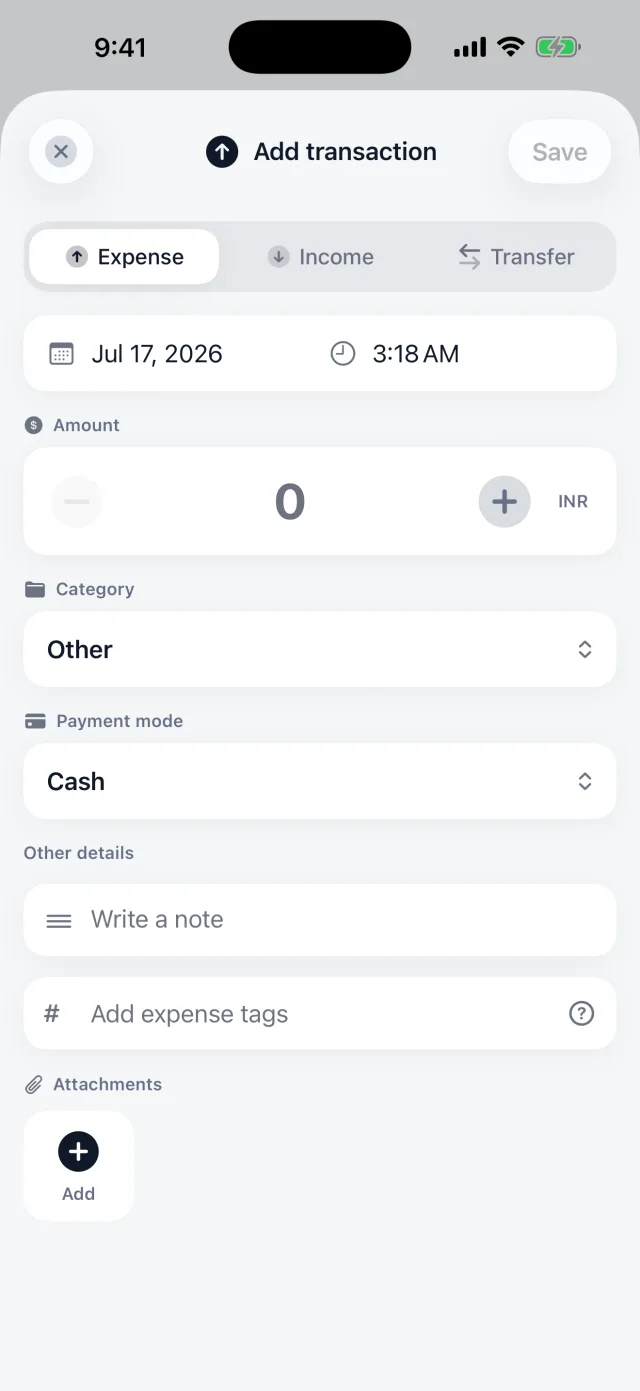 Logging an expense: amount, category, payment mode, notes, and tags.