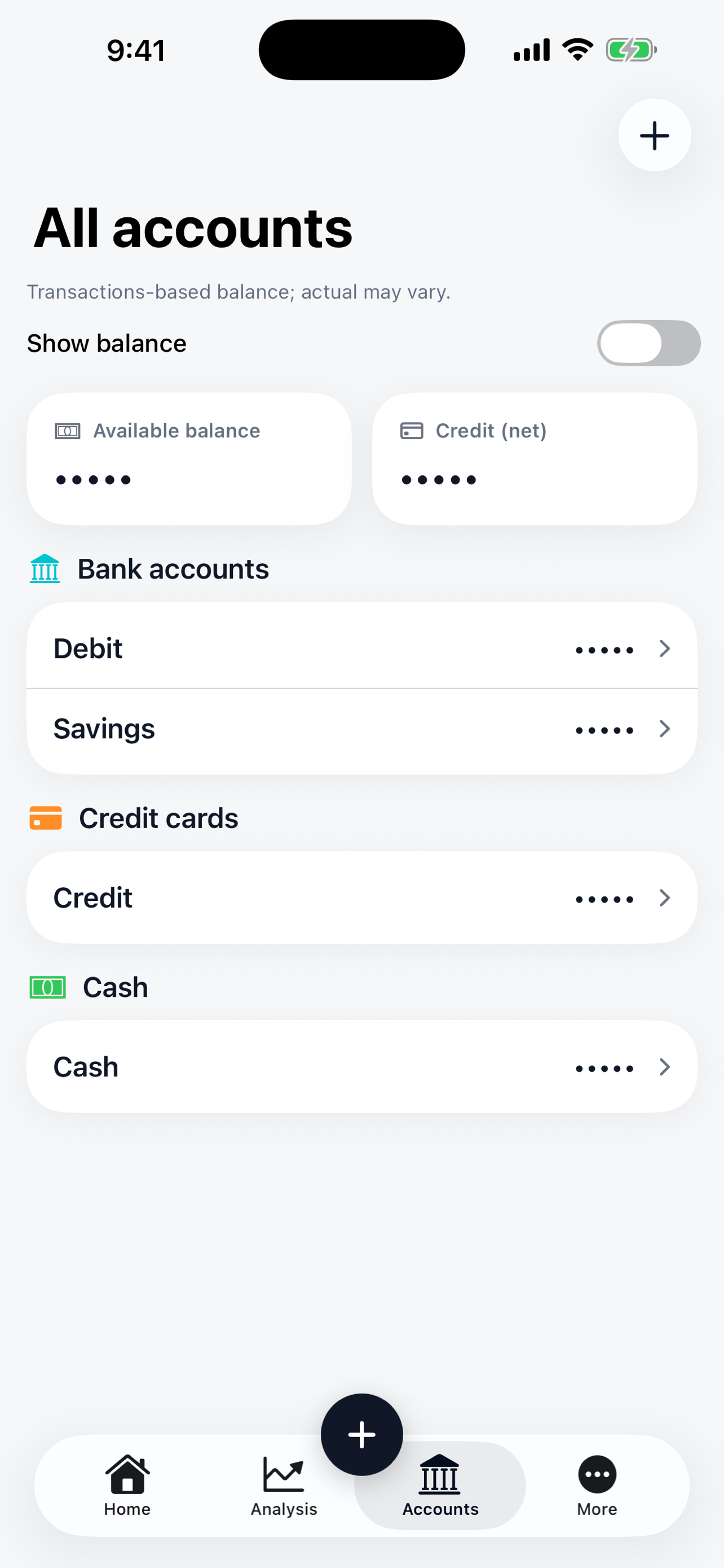 All accounts, privately — bank, credit card, and cash with balance masking.