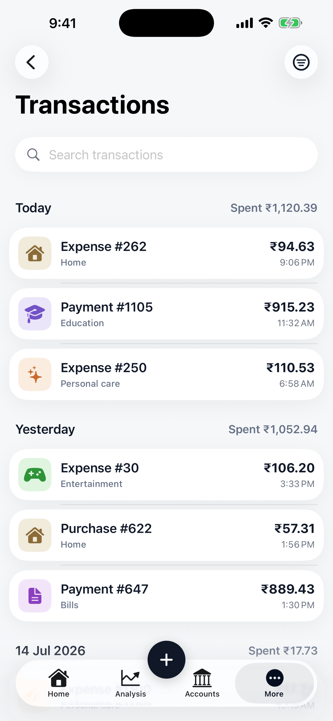 A clean history, day by day — searchable transactions grouped by date.