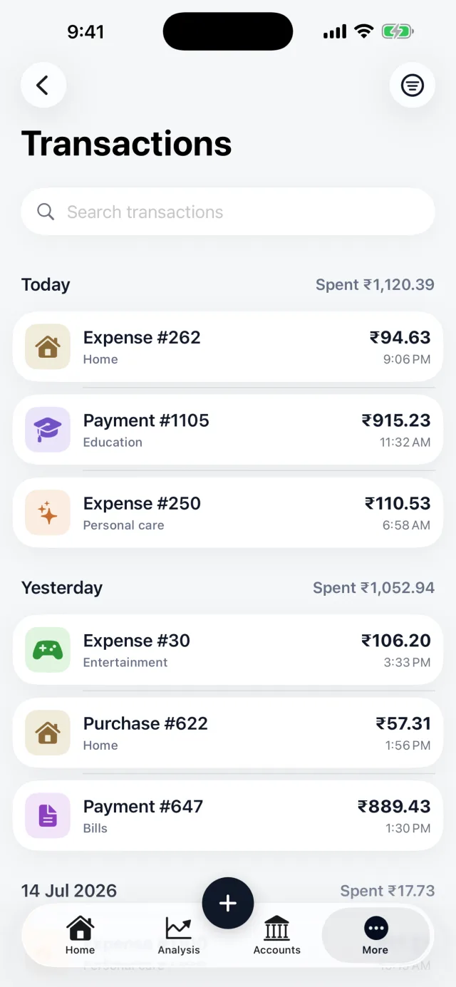 Searchable transactions grouped by date.